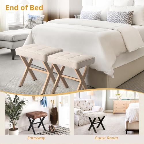 LUE BONA Square Linen Makeup Stool, Metal X Legs, Small Ottoman Stool Chair for Vanity, Modern Padded Seat Foot Rest for Makeup Room, Bathroom