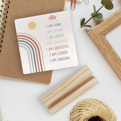 Inspirational Rainbow Desk Decor, Boho Wood Sign, Positive Affirmations Nursery Shelf, Motivational 'I Am Brave' Wooden Plaque With Stand for Kids Room
