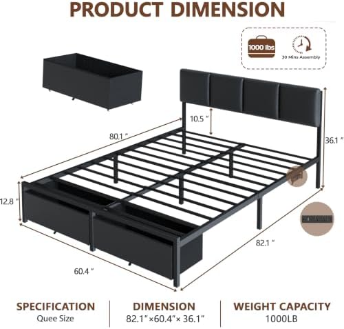 Furnulem Black Queen Bed Frame with PU Upholstered Headboard and LED Lights