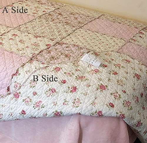 Cozyholy Original 100% Cotton Quilt Twin Size Pink Floral Patchwork Quilts, Lightweight Reversible Bedspread Quilted Throw Blanket, Vintage Shabby Chic Cottage Bedding Coverlet for Bed Couch Sofa