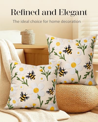 Embroidered Throw Pillow Covers 18x18 Inch, 2Pack, Flower Bee