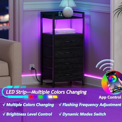 Furnulem Night Stand with Charging Station,LED,Tall Bedside Table for Dorm