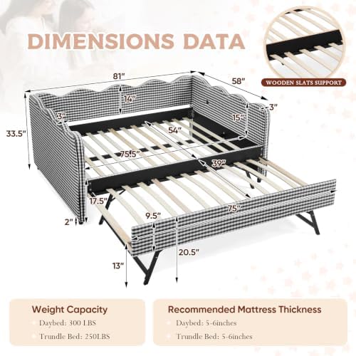 Full Size Daybed with Pop Up Trundle, Linen Gingham Full to King Daybed with USB Ports, Upholstered Day Bed Frame, Modern Sofa Bed for Living Room/Bedroom/Guest Room, No Box Spring Needed, Black
