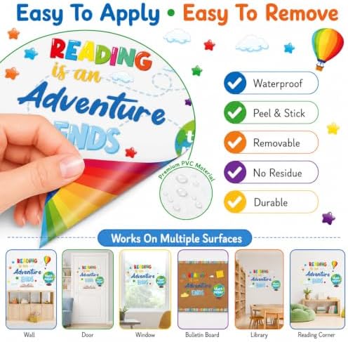 Cinrobiye Inspirational Quotes Wall Decals, Reading Corner Wall Decor, Reading is an Adventure that Never Ends Wall Stickers, Classroom Library Decorations for Preschool, Elementary School, Daycare