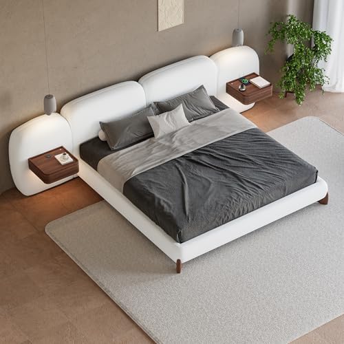 homary King Size Bed Frame Set with Wide Headboard & Floating Smart Nightstands, Modern Boucle Platform Bedroom Set with LED Sensor Lights, Wireless Charging & Walnut Wood Legs, No Box Spring Needed