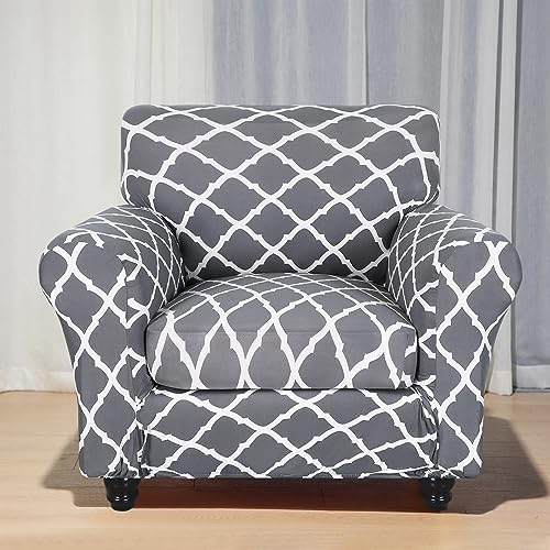 SearchI Stretch Sofa Cover Printed Couch Covers, Floral Pattern 2 Piece Armchair Slipcover with Separate Chair Cushion Cover, Washable Furniture Protector for Living Room(Armchair, Gray+White)