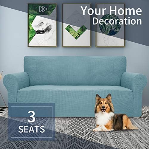 JIVINER High Stretch Couch Covers for 3 Cushion Couch 1-Piece Jacquard Elastic Sofa Slipcovers Anti Slip Sofa Cover with Elastic Bottom Furniture Protector for Kids Pets (Sofa, Blue Light)