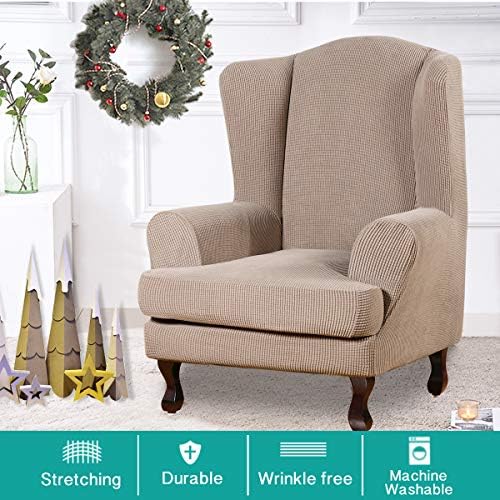 Turquoize Wingback Chair Covers 2 Piece Wing Chair Slipcover Stretch Slipcovers for Wingback Chairs Wing Chair Cover Spandex Jacquard Fabric with Elastic Bottom Non-Slip Furniture Cover, Sand