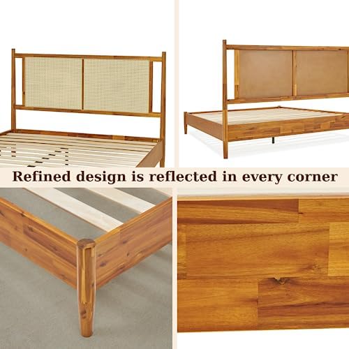 Bme Oliver 15-Inch Queen Bedframe with Rattan Headboard, Bohemian, Caramel