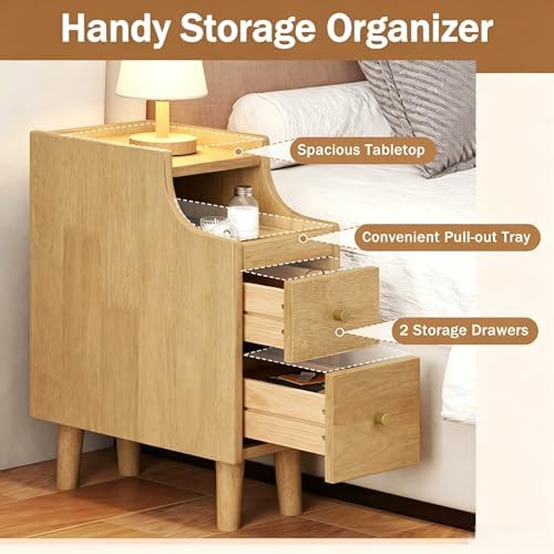 KOMFOTT Narrow Nightstand with Drawers, Solid Wood Bedside Table with Pull-Out Tray & 2 Storage Drawers, Slim Sofa End Table with Cable Management for Small Spaces, Bedroom (Natural,8" x 16" x 20",2)