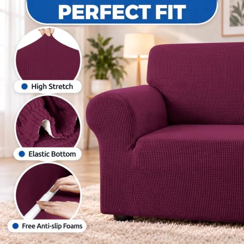 KEKUOU Stretch Loveseat Couch Cover, 2 Cushion Couch Slipcover,Wine
