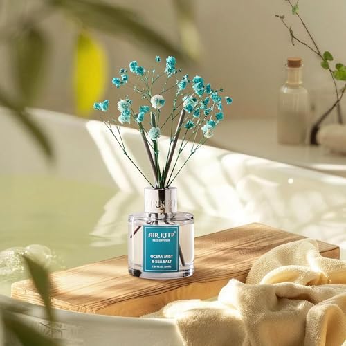 Airkeep Reed Diffuser Set,1.69 fl oz (50 ml) - Ocean Mist&Sea Salt Oil Diffusers with 8 Reed Sticks,Home Fragrance Reed Diffuser for Bathroom Shelf DecorSALT