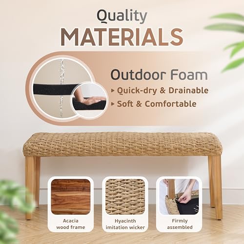Outdoor Rattan Backless Bench with PE Wicker & Acacia Wood Frame, Natural