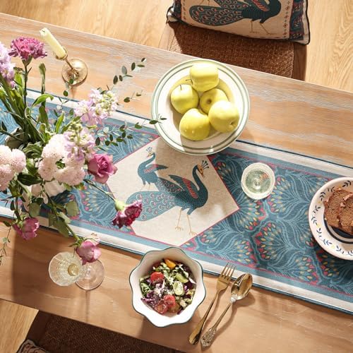 bilingaier Vintage Blue Peacock Small Table Runner for Table,Decorative Linen 102 Inches Long Table Runners,Decor Tabletop for Kitchen,Dining,Tea Party,Home,Christmas,12"x102"