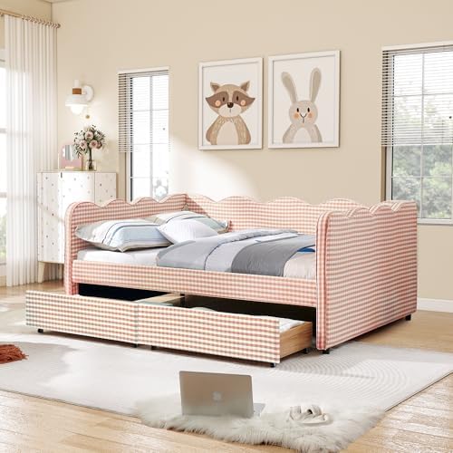 Full Size Daybed with Storage Drawers, Linen Gingham Daybed with USB Ports & Wave Shaped, Upholstered Day Bed Frame, Modern Sofa Bed for Living Room/Bedroom/Guest Room, No Box Spring Needed, Pink