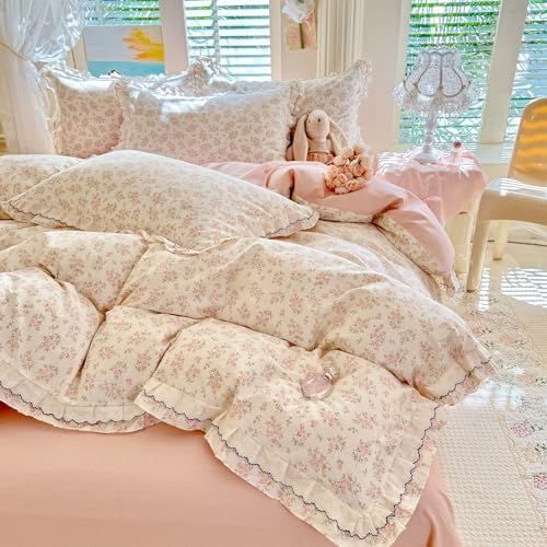 mixinni Country Floral Duvet Cover Set Twin XL Size – 100% Cotton Cottagecore Bedding with Double Layer Ruffle Lace & Black Lace Trim, Shabby Chic Reversible Farmhouse Style Comforter Cover 3-Piece