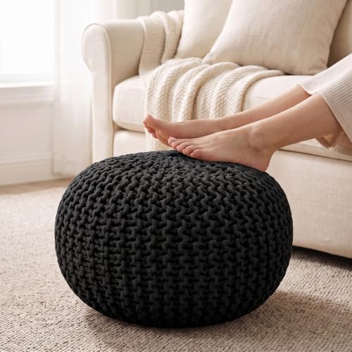 · REDEARTH · Round Pouf Ottoman - Hand Knitted Boho Poof Footrest- Black