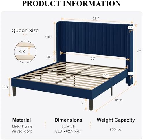 SHA CERLIN Queen Size Velvet Bed Frame, Tufted Wingback Headboard, Blue