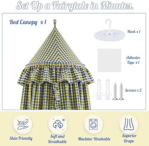SmoothNovelty Gingham Plaid Bed Canopy, Yellow Blue, Round