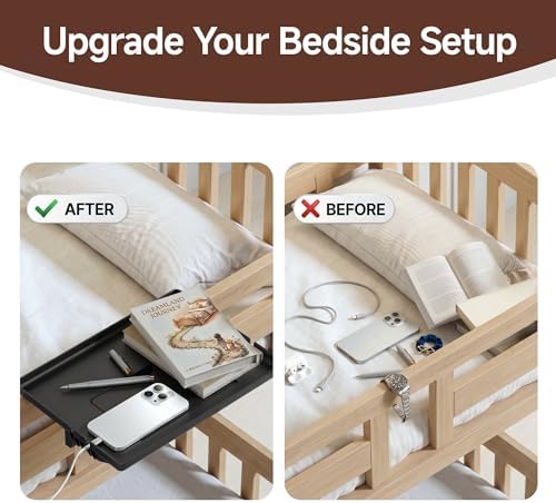 COOL-ANGLE Bedside Shelf with Cup Holder & Hidden Storage, Clamp-On Bedside Tray for Bunk Bed & College Dorm Room, Fits 2.9" Rails, Black