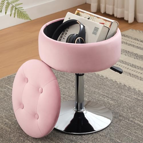 Pink Swivel Vanity Stool With Storage Vanity Chair for Makeup Room Ottoman