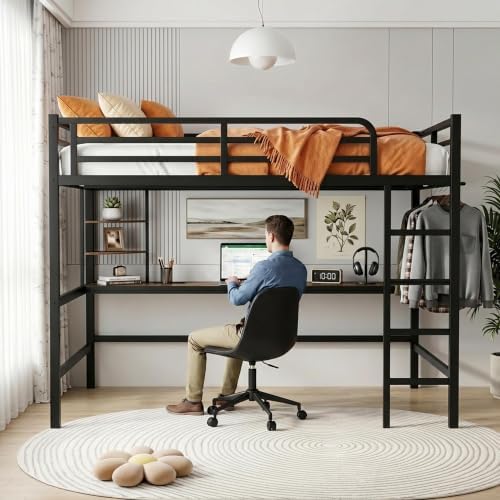 Queen Loft Bed with Desk, USB Charging Station, LED Light and 2 Storage Shelves, Metal Heavy Duty Queen Size Loft Bed for Adults, Teens, No Box Spring Needed, Black