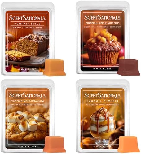 Scentsationals Fall Wax Melts Pumpkin Party 4pk – Long Lasting, Strong Scent Melts for Warmers, Includes Pumpkin Spice with Apple Muffins, Marshmallow, and Caramel, 10oz (24 Cubes)