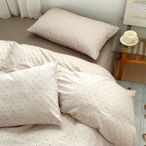 Polka Dot Duvet Cover Twin Size Beige Pattern Twin Comforter Cover Cotton Double Gauze Boho Zipper Duvet Cover Set with Ties Rustic Teen Girl Bedding Set Muslin Duvet Protector