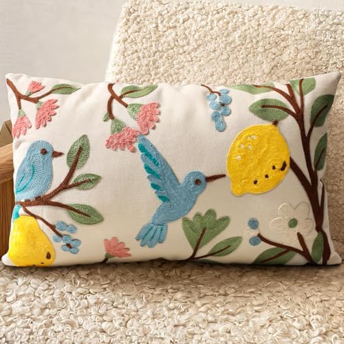 Embroidered Lumbar Pillow Cover 20x12 Inch, Bird Lemon