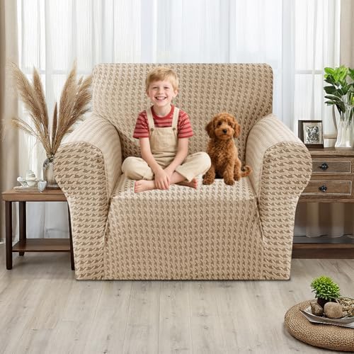 MAXIJIN Stretch Sofa Chair Slipcovers with Arms (31"-46 Washable Chair Cover Armchair with Non-Slip Foam & Elastic Bottom, Dog Cat Pet Friendly Furniture Protector (Small, Khaki)