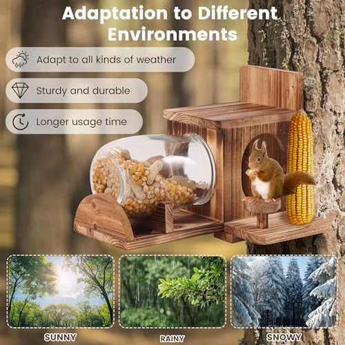 Squirrel Feeder, Wood Squirrel House, Squirrel Feeders for Outside Garden Tree, Chipmunk Feeder for Corn Peanuts, Removable Storage Bottle, 2 Stable Squirrel Stools