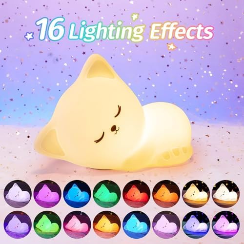 Cat Night Light for Kids 16 Colors, Silicone Squishy Girls Cat Themed Gifts