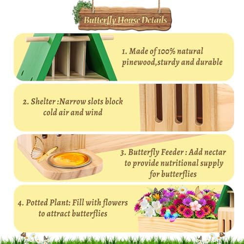 Butterfly House & Feeder with Flower Pot, 3-in-1 Wooden Butterfly House