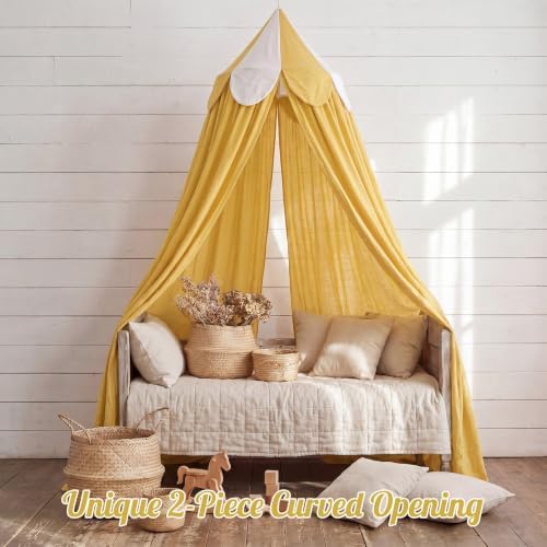 Bed Canopy with Scalloped Edge, 2 Panel Striped, Bright Yellow