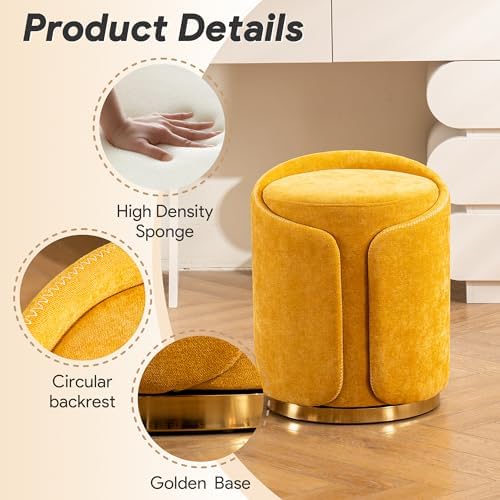 Swivel Vanity Stool with Gold Base Comfy Vanity Chair Modern Round Stool for Makeup Vanity Ottoman Foot Rest for Bedroom livingroom (Yellow)