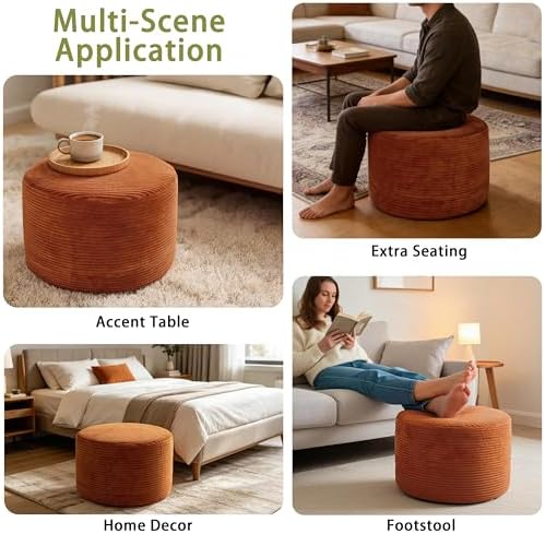 Thgonwid Round Ottoman Pouf, Corduroy Foot Rest Stool, 20x14In,Burnt Orange