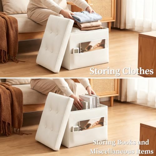 Ottoman with Storage. Folding Foot Stool with Thick Foam Padded Seat, White