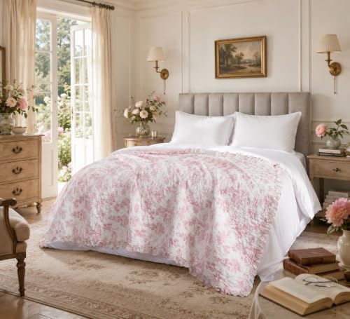 Brandream Pink Toile Quilted Throw Blanket 47" x 60" Cozy Cotton Decorative Blanket French Country Cottage Floral Quilt Throw for Bed Couch Sofa Daybed All-Season Coverlet