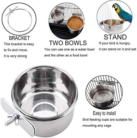 PINVNBY Parrot Feeding Cups Birds Food Dish Stainless Steel Parrot Feeders Water Cage Bowls with Clamp Holder for Cockatiel Conure Budgies Parakeet Parrot Macaw Small Animal Chinchilla Pack of 2