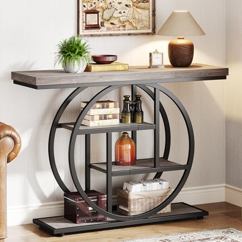 Tribesigns 41.3" Console Table, Industrial 4-Tier Sofa Table Entryway Table with Circle Base, Narrow Wood Accent Tables with Storage Shelves for Living Room, Hallway, Foyer, Gray