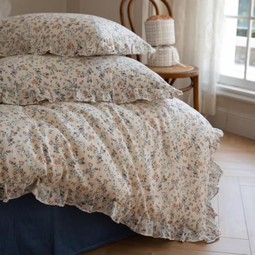 Girl's Small Floral Print Duvet Cover Set Twin Ruffled Bedding,Blue Flower