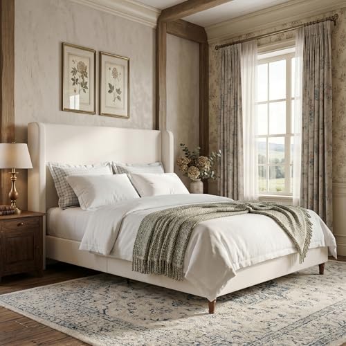 54" Tall Headboard Upholstered California King Platform Bed Frame with Wingback, Modern Farmhouse Tufted Fabric Bed with Solid Wood Legs, No Box Spring Needed, Cream White
