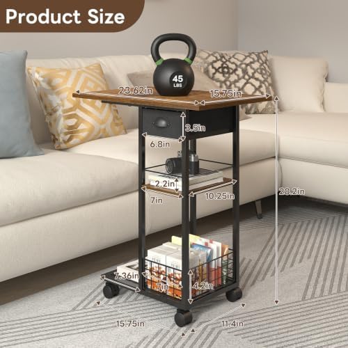 C Shaped End Table, TV Tray Table with Wheels, Drawer and Storage Basket
