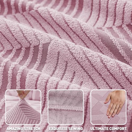 ZNSAYOTX 4 Piece Stretch Couch Covers (72"-90") New-Rectangle Texture, Thick Sofa Covers for 3 Cushion Couch Universal Sofa Slip Cover with Elastic Bottom & Buckle, Washable Protector Dusty Pink