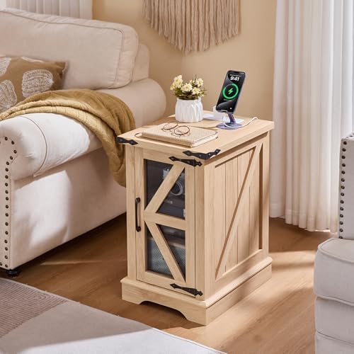 Joaxswe Narrow Night Stand with Charger Station, Glass Barn Door
