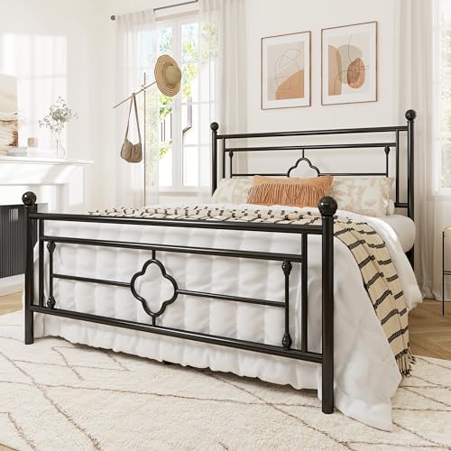 Allewie Full Size Metal Platform Bed Frame, Victorian Headboard, Black