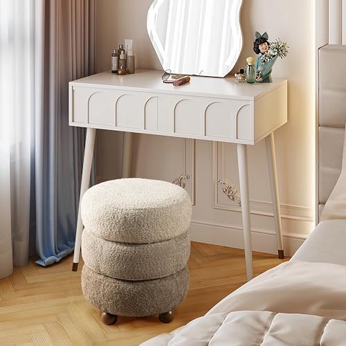 Glitzhome Round Ottoman with Storage, Small Foot Stool, Modern Accent Stool Upholstered Vanity Stool with Rubberwood Ball Feet for Bedroom Living Room Dorm Room, Gradient Brown