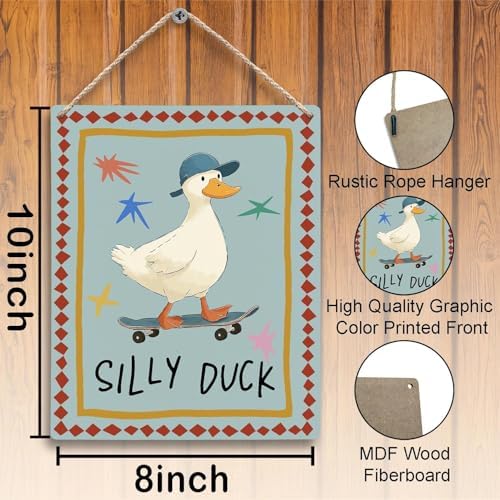 FUGWN Funny Duck Nursery Hanging Wooden Signs 8x10, Silly Duck Farm Animal Nursery Wall Decor Wood Plaque Hanging Decorations for Kids Toddler Boys Girls Room Bedroom Playroom Door Decor