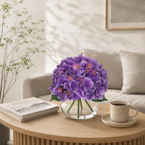 Hollyone Real Touch Hydrangea with Glass Vase Purple Full Latex Hydrangeas Artificial Flowers in Vase Lifelike Bouquets Floral Arrangements with Faux Water for Wedding Table Centerpiece Indoor Decor
