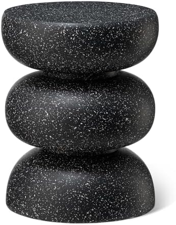 Glitzhome Outdoor Side Table, 18" H Decorative Garden Stool MGO Faux Terrazzo End Table, Heavy Duty Indoor Outdoor Round Planter Stand for Living Room Bedroom Patio Deck Poolside,Black